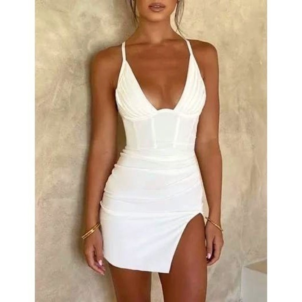 Babyboo Mini Dress Womens Size M White Ruched Side Slit V-Neck Cocktail Party - Picture 8 of 9